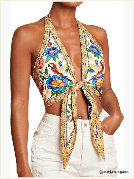 Tops - Floral Halter Crop Top Backless Tie Front Summer Blouse
